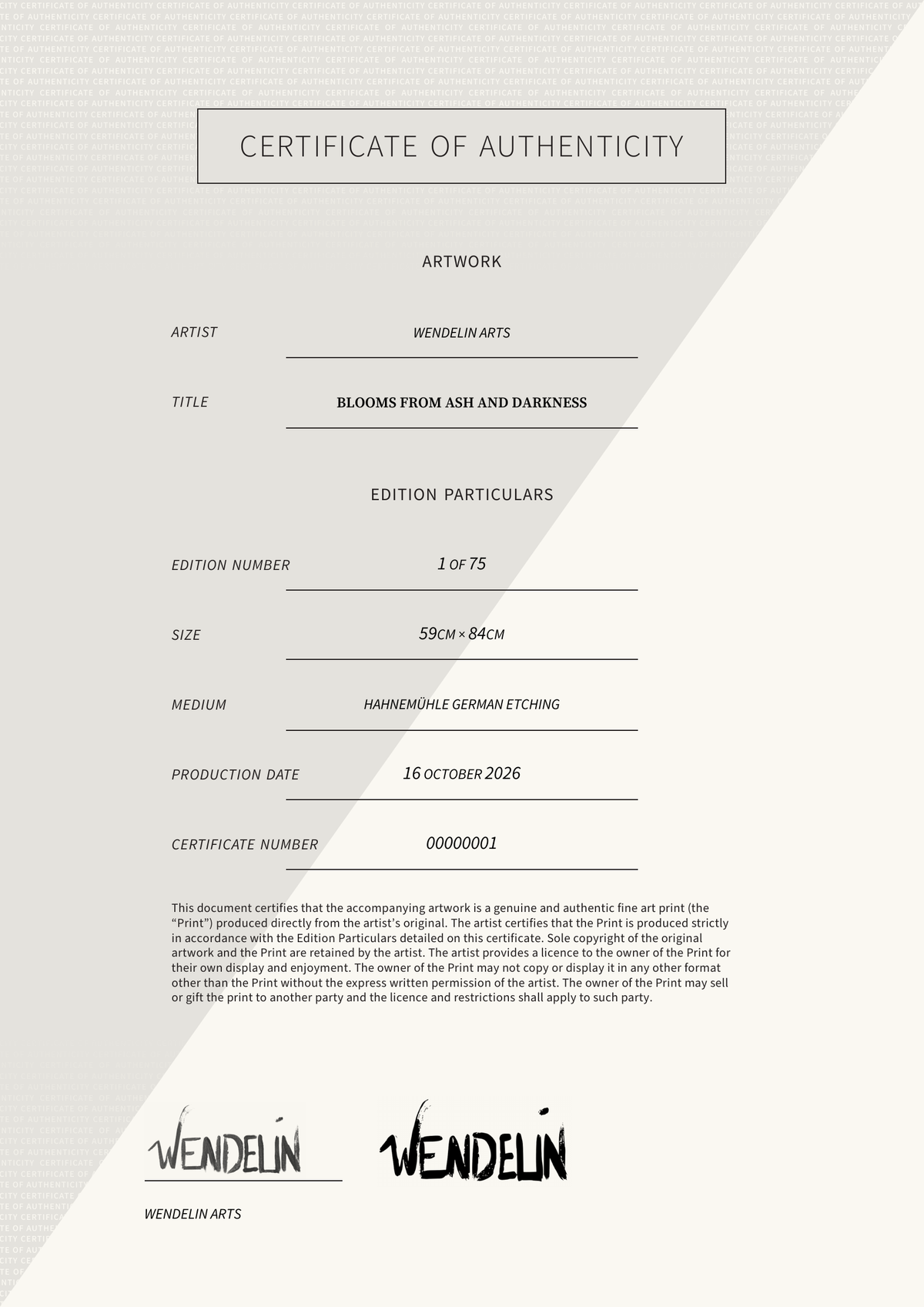 Blooms from Ash and Darkness — Certificate of Authenticity